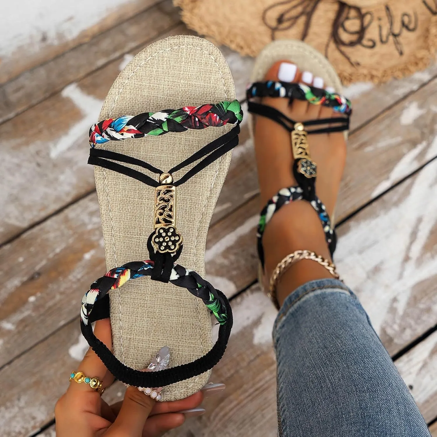 Casual Boho Beach Sandals with Ankle Strap 2025, Summer Orthopedic Wedge Sandals for Women Flip Flops Open Toe Beach Flat Sandals 2025