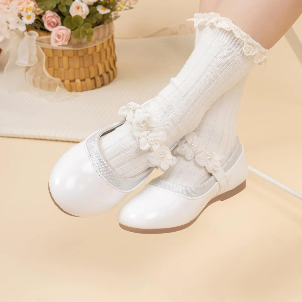 CENCIRILY Toddler Little Girls Flower Dress Shoes Mary Jane Ballet Flats Easter Party School Princess Wedding Shoes