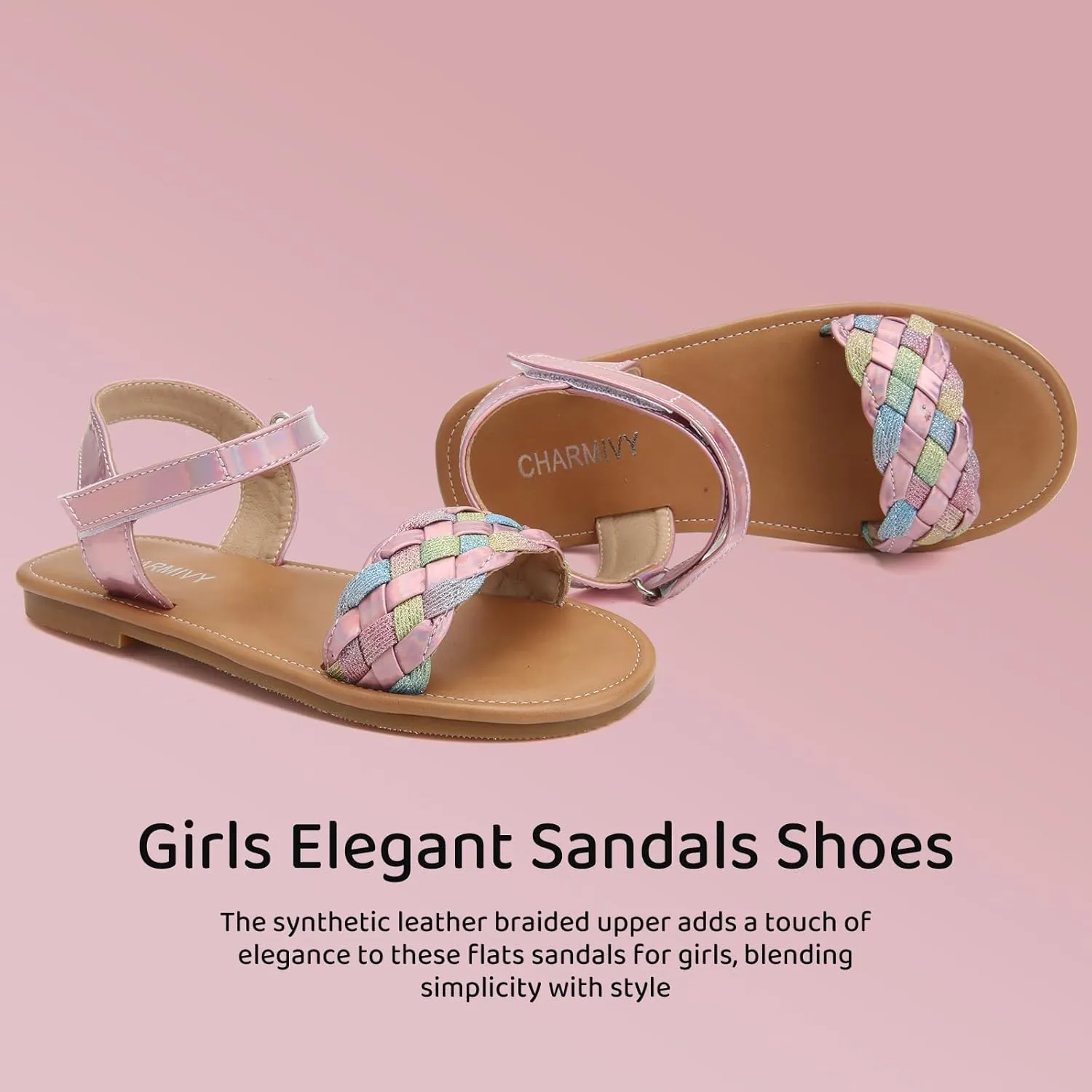 Charmivy Girls Sandals Braided Upper Flat Dress Sandals Round Open Toe Summer Shoes Little Kid/Big Kid