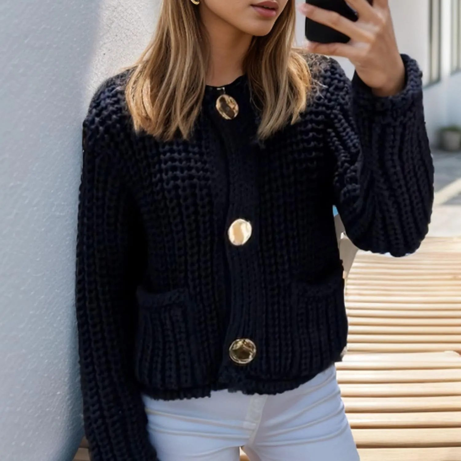Chevara Women’s Cropped Knit Cardigan Long Sleeve Crewneck Button Down Fall Sweater with Pockets