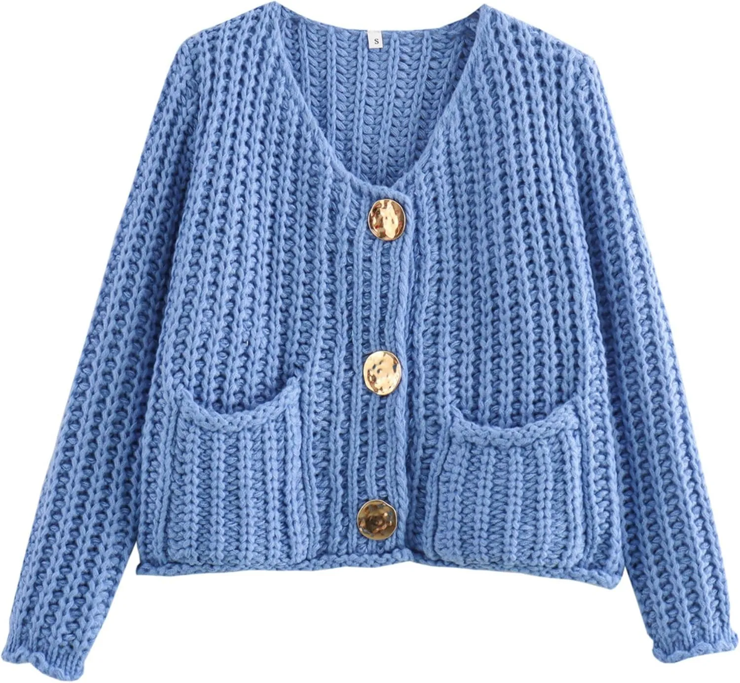Chevara Women’s Cropped Knit Cardigan Long Sleeve Crewneck Button Down Fall Sweater with Pockets