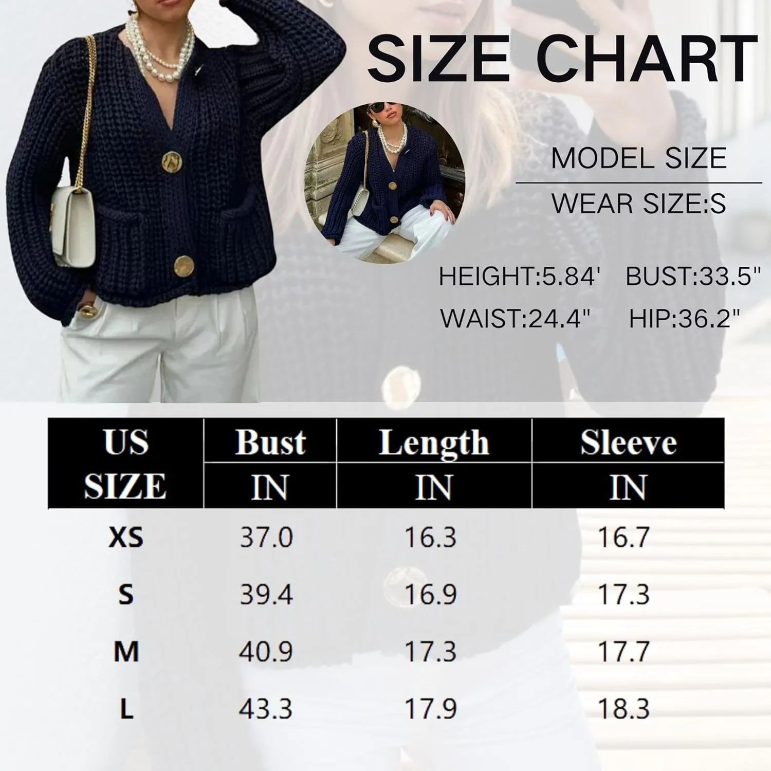 Chevara Women’s Cropped Knit Cardigan Long Sleeve Crewneck Button Down Fall Sweater with Pockets