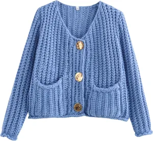 Chevara Women’s Cropped Knit Cardigan Long Sleeve Crewneck Button Down Fall Sweater with Pockets