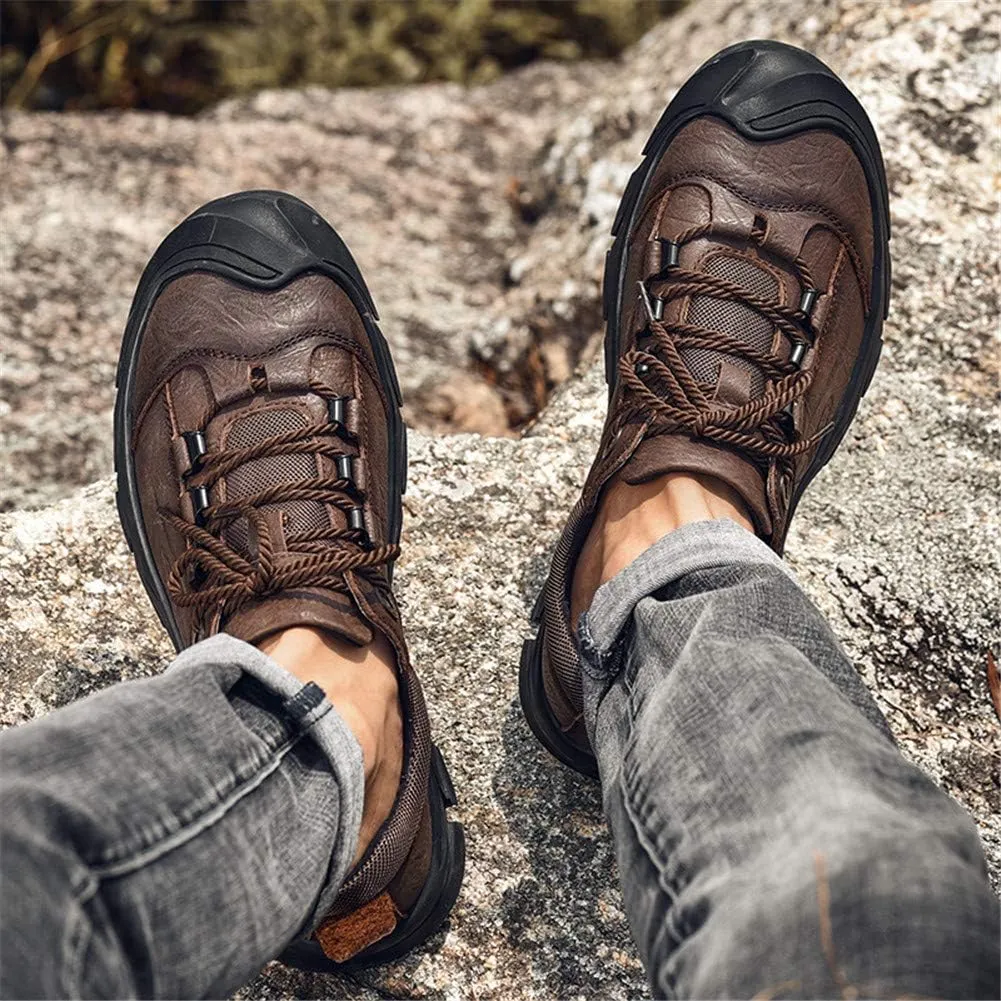 CHICLOVEY Men's Athletic Hiking Sneakers Low Top Non-Slip Leather Trekking Shoes