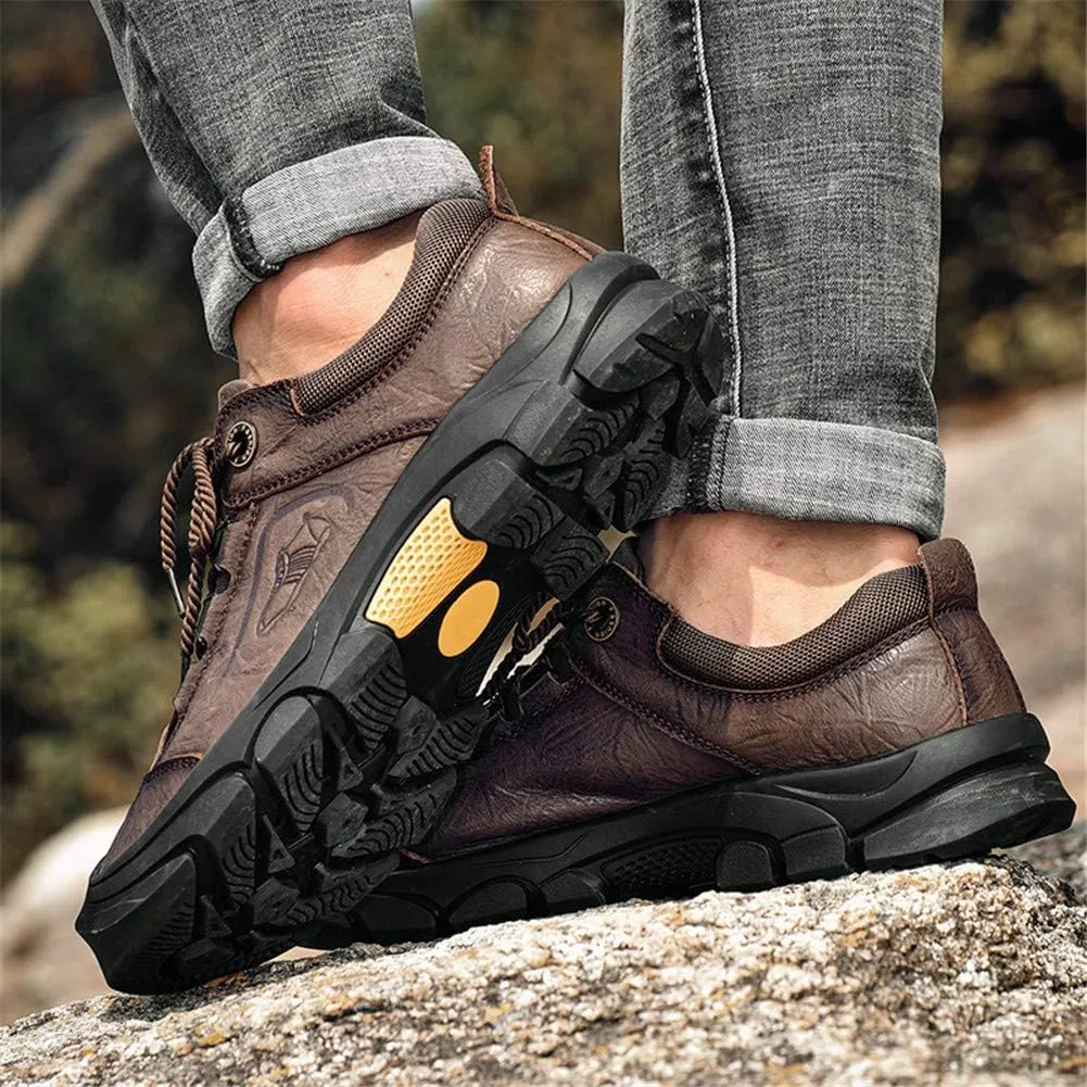 CHICLOVEY Men's Athletic Hiking Sneakers Low Top Non-Slip Leather Trekking Shoes