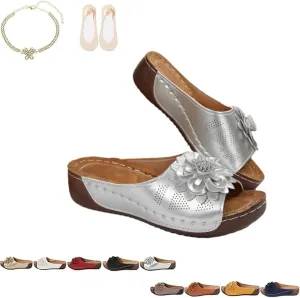 Comfortable Non-Slip Solid Color Open-Toe Wedge Sandals for Women, Women's Lightweight Flowers Open Toe Sandals, Mesh Slip-on Wide Casual Slip Arch Support Orthopedic Slides