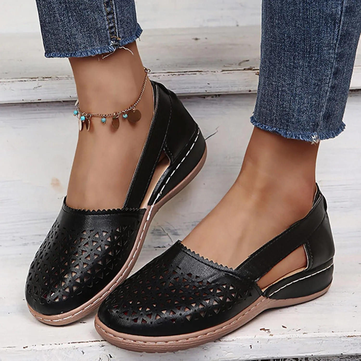 Comfortable Platform Sandals for Women Solid Round Head Closed Toe Hollow Out Breathable Slip-on Casual Shoes Summer Lightweight Wedge Sandalias