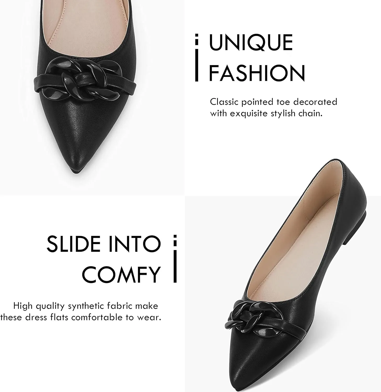 Coutgo Women's Ballet Flats Chain Pointed Toe Slip On Flats Shoes for Women Dressy Comfort Loafers