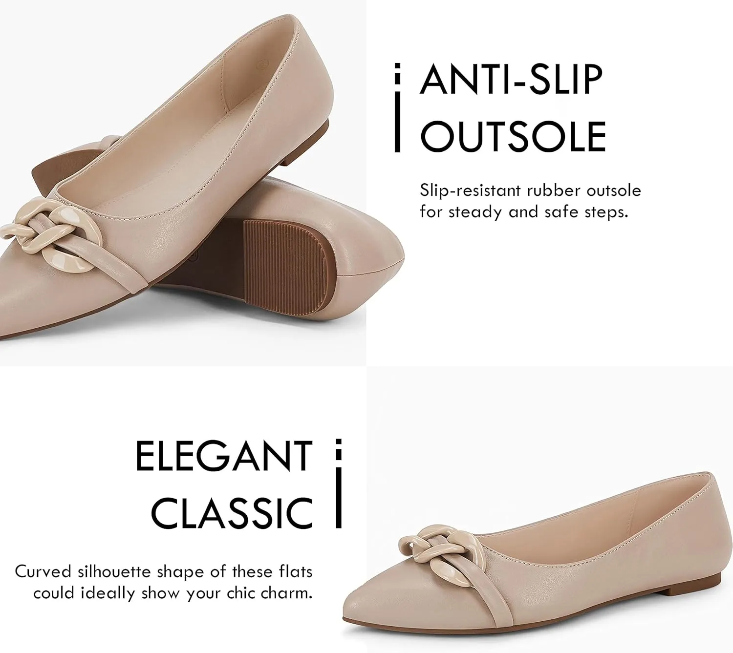 Coutgo Women's Ballet Flats Chain Pointed Toe Slip On Flats Shoes for Women Dressy Comfort Loafers