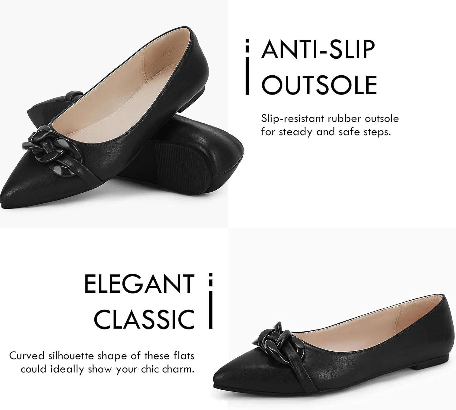 Coutgo Women's Ballet Flats Chain Pointed Toe Slip On Flats Shoes for Women Dressy Comfort Loafers