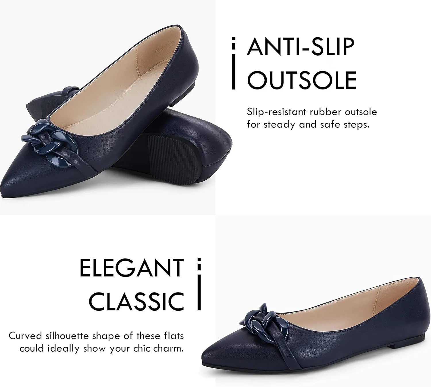 Coutgo Women's Ballet Flats Chain Pointed Toe Slip On Flats Shoes for Women Dressy Comfort Loafers