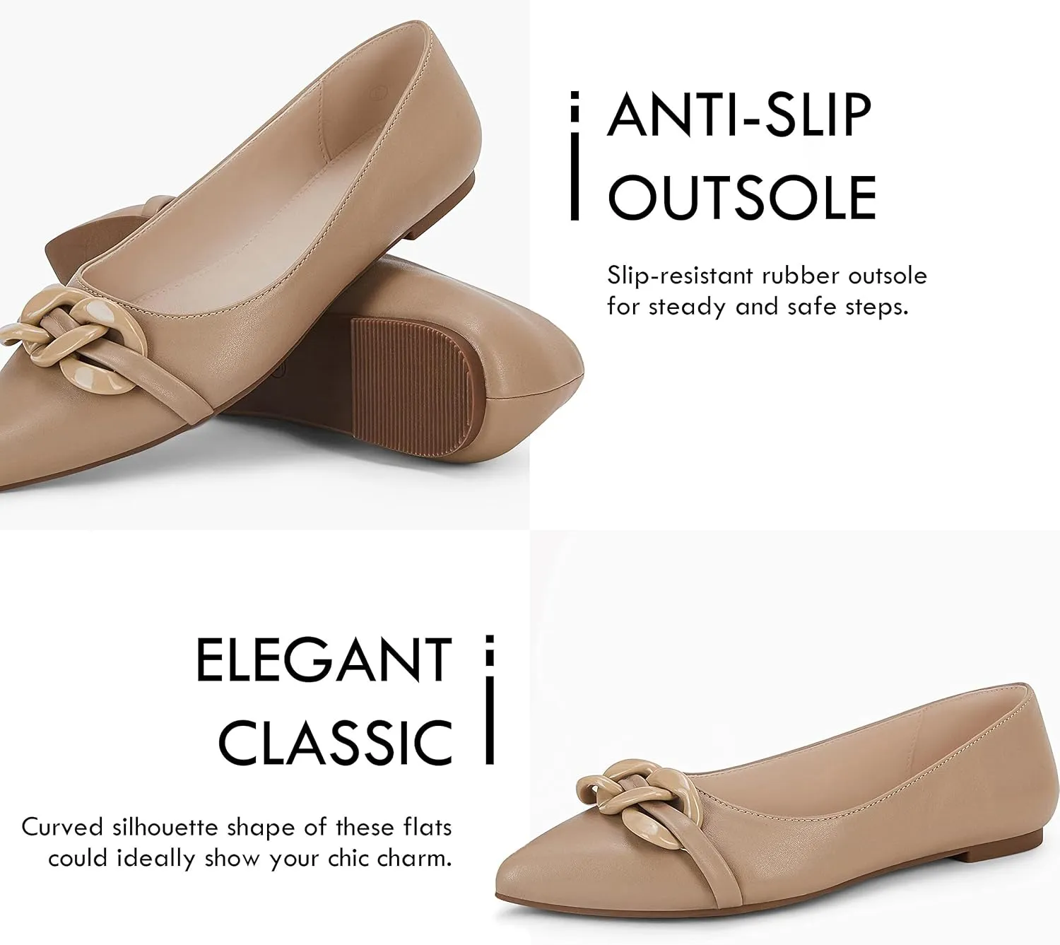 Coutgo Women's Ballet Flats Chain Pointed Toe Slip On Flats Shoes for Women Dressy Comfort Loafers