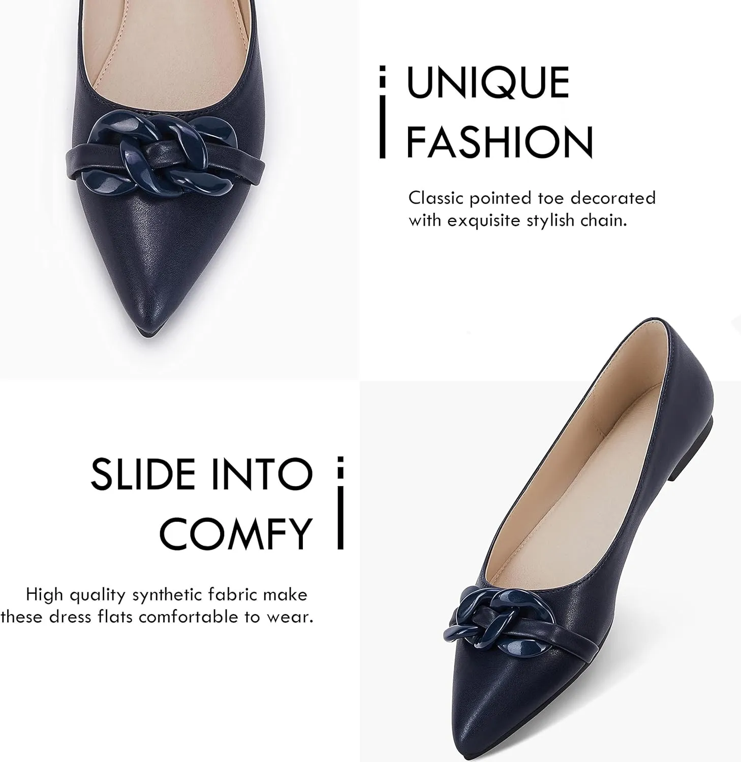 Coutgo Women's Ballet Flats Chain Pointed Toe Slip On Flats Shoes for Women Dressy Comfort Loafers