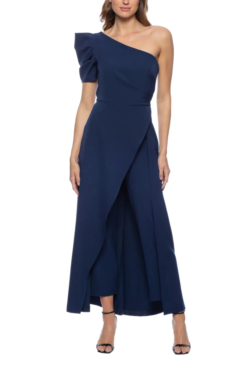 Crepe One Shoulder Puff Sleeve Overlay Skirt Jumpsuit Dress