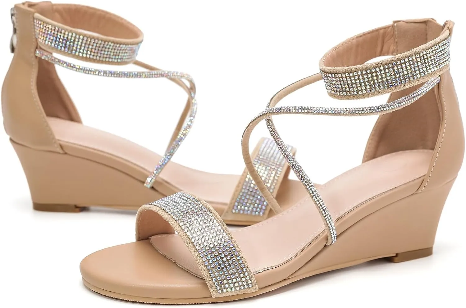 DADAWEN Women's Open Toe Ankle Strap Glitter Rhinestones Low Wedge Sandals Party Wedding Dress Pumps Shoes