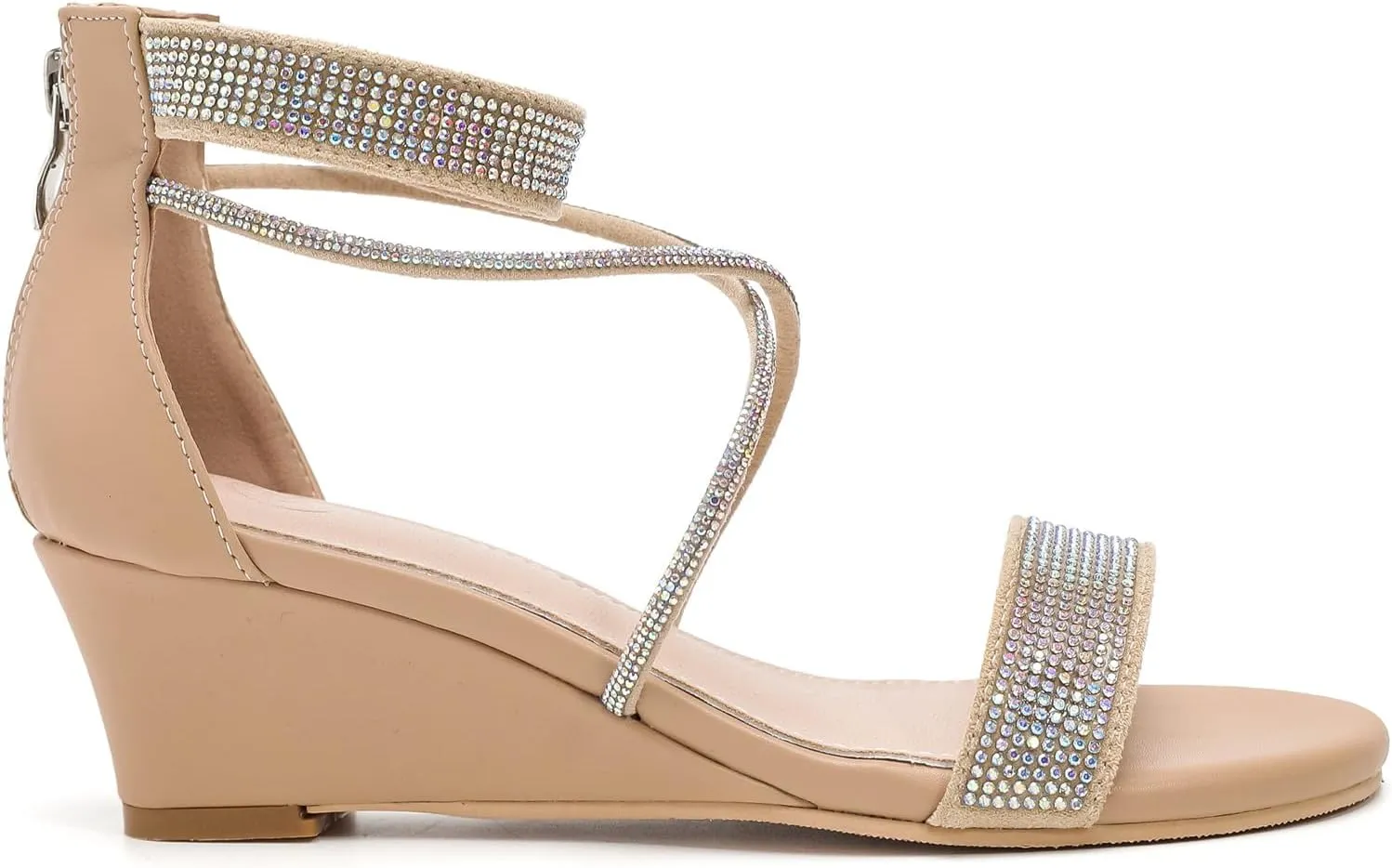 DADAWEN Women's Open Toe Ankle Strap Glitter Rhinestones Low Wedge Sandals Party Wedding Dress Pumps Shoes