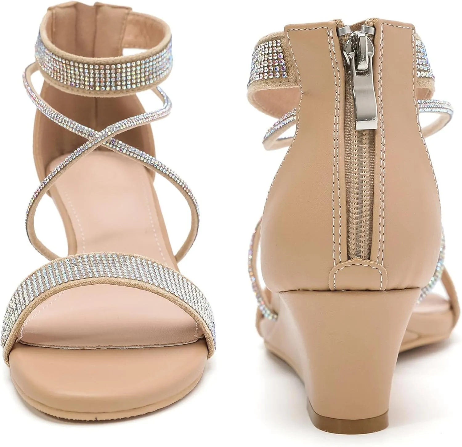 DADAWEN Women's Open Toe Ankle Strap Glitter Rhinestones Low Wedge Sandals Party Wedding Dress Pumps Shoes