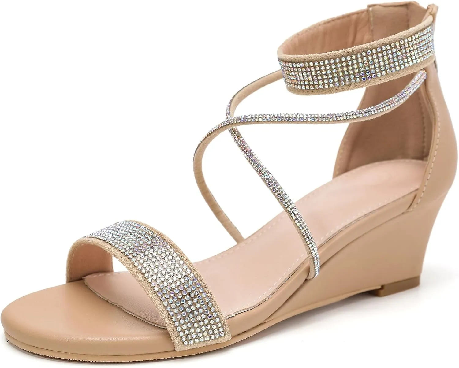 DADAWEN Women's Open Toe Ankle Strap Glitter Rhinestones Low Wedge Sandals Party Wedding Dress Pumps Shoes