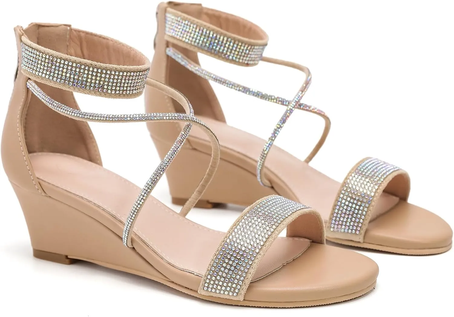 DADAWEN Women's Open Toe Ankle Strap Glitter Rhinestones Low Wedge Sandals Party Wedding Dress Pumps Shoes