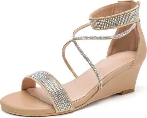 DADAWEN Women's Open Toe Ankle Strap Glitter Rhinestones Low Wedge Sandals Party Wedding Dress Pumps Shoes