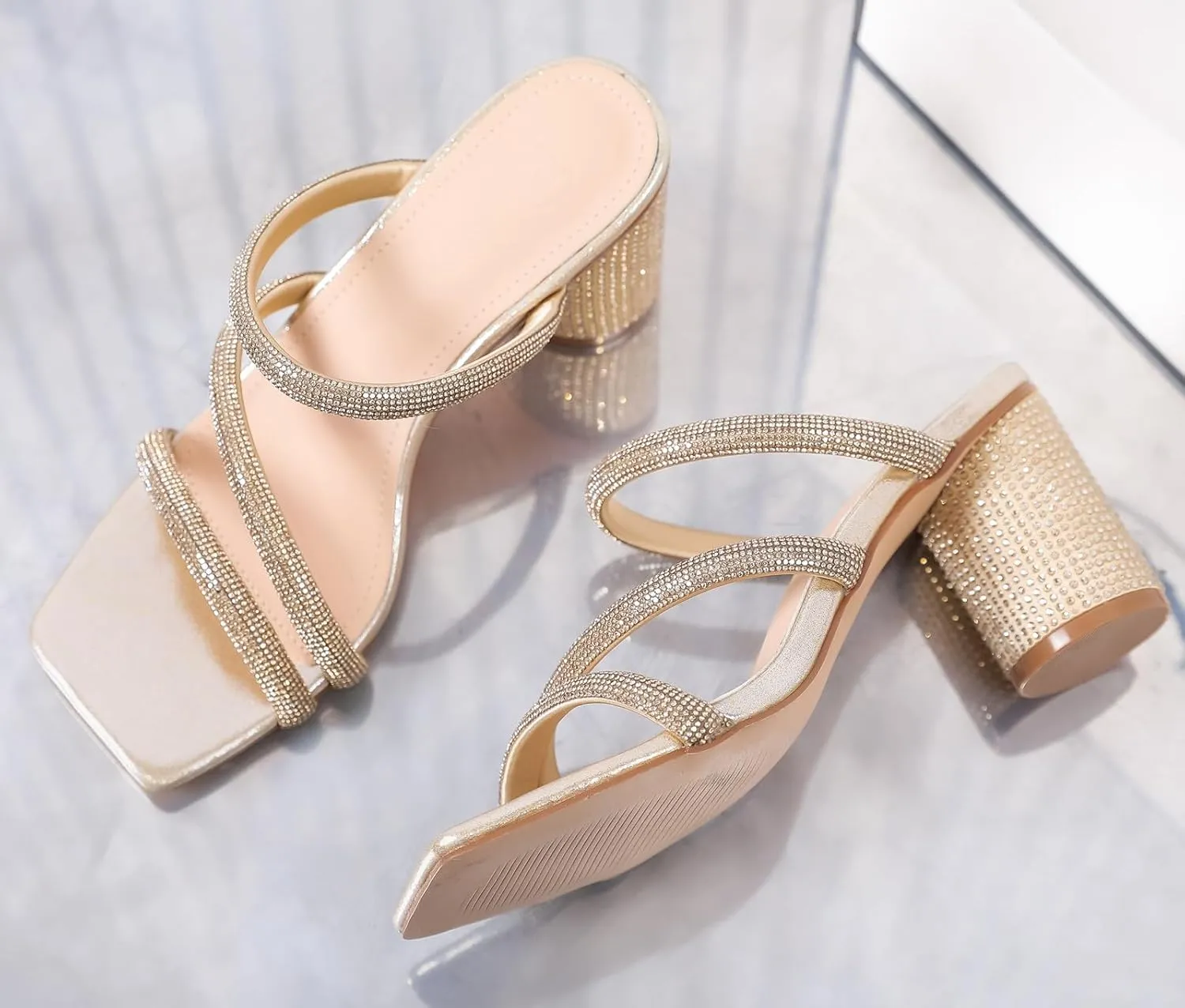 DADAWEN Women's Rhinestone Heeled Sandals Square Toe Strappy Chunky Block Heels for Women Comfortable Wedding Party Dress Pumps Shoes