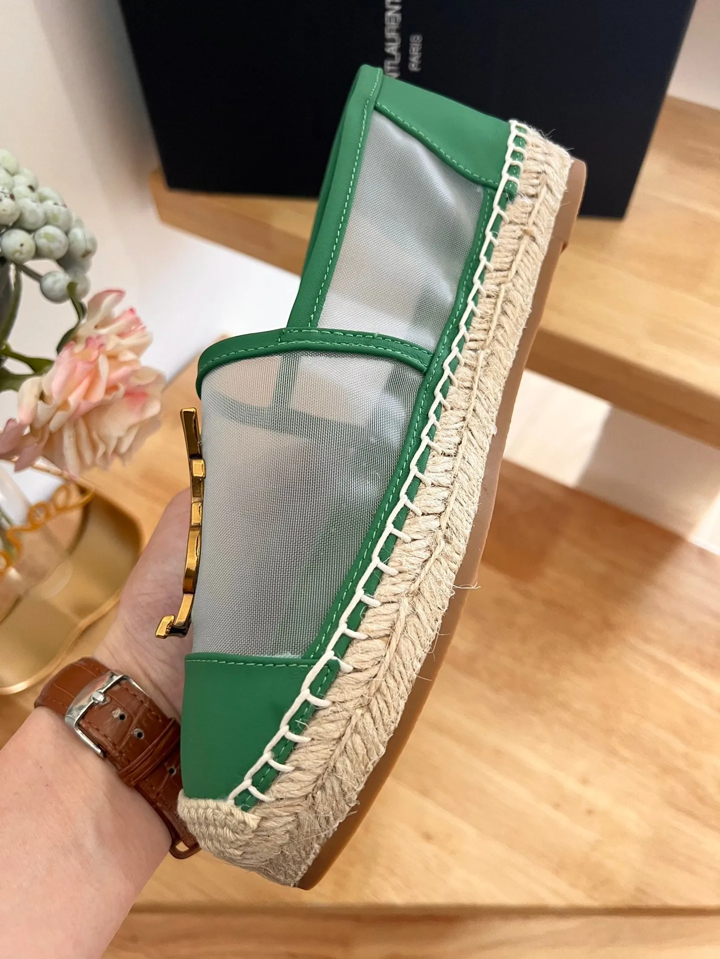 DARK CALFSKIN Laurent YVES Dual-purpose Dedicated support MESH AND SLIP ON GREEN SL Saint LOGO