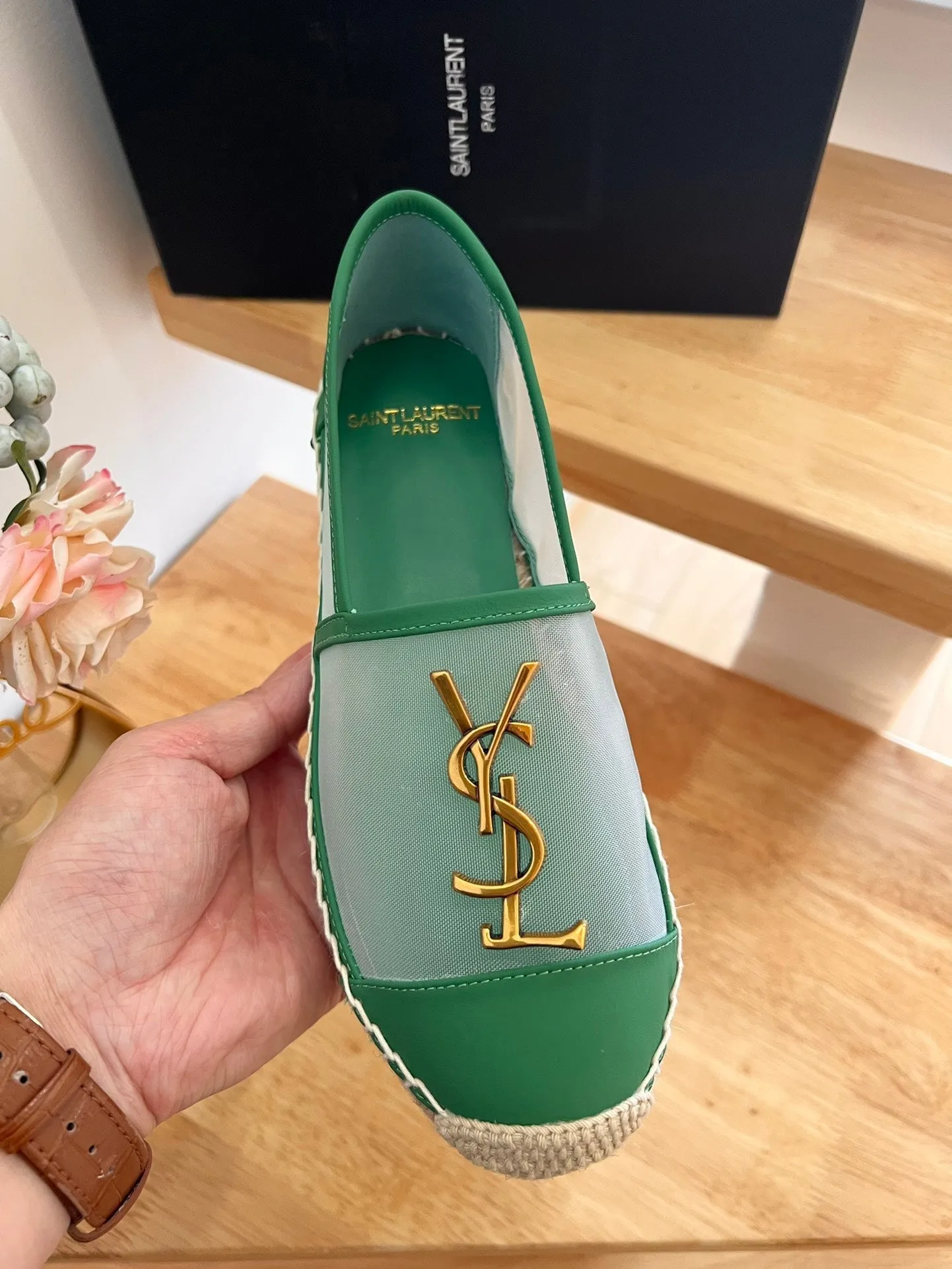 DARK CALFSKIN Laurent YVES Dual-purpose Dedicated support MESH AND SLIP ON GREEN SL Saint LOGO