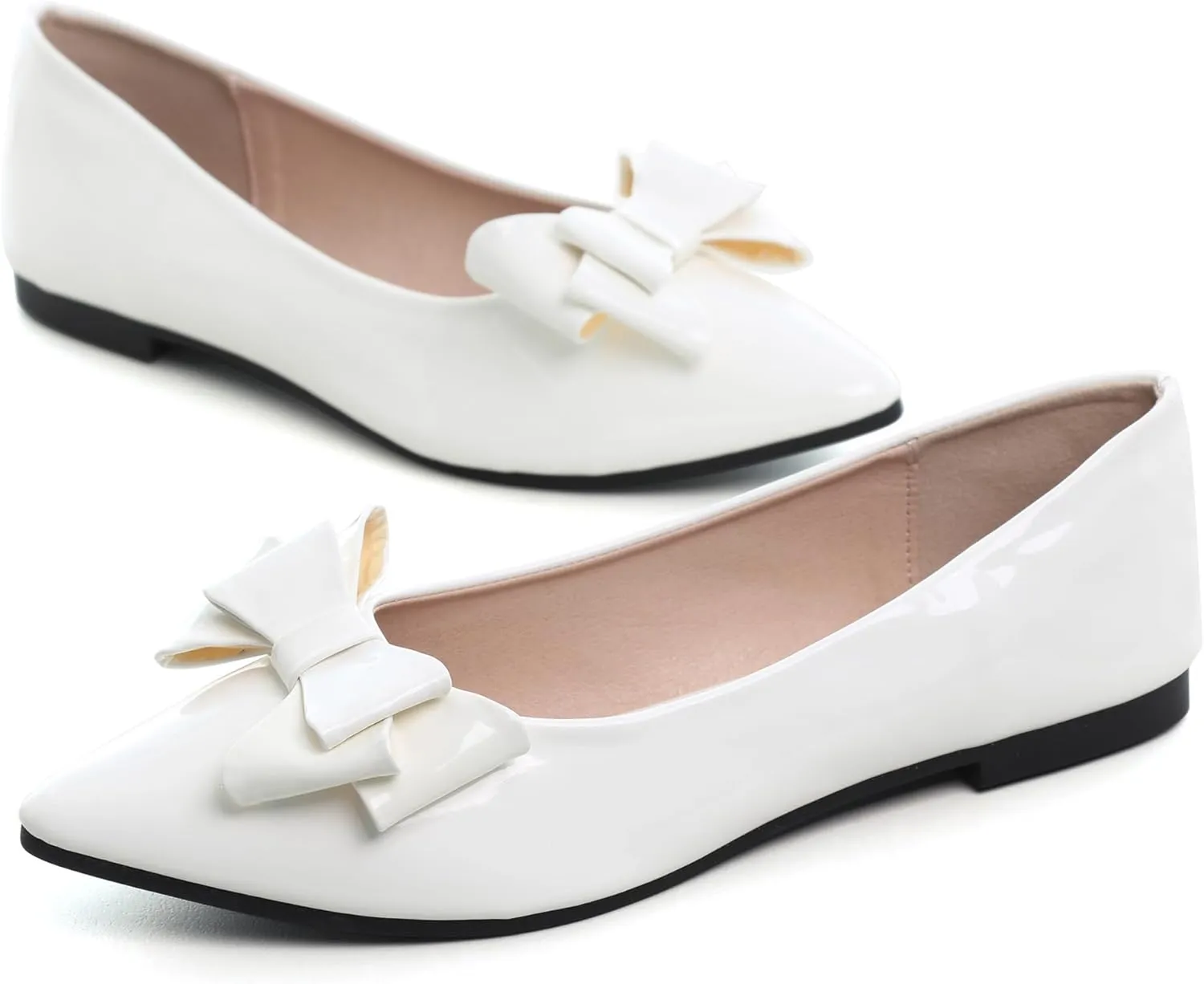 Dear Time Women's Patent Leather Ballet Flat with Bow Comfortable Pointy Slip-on Loafers