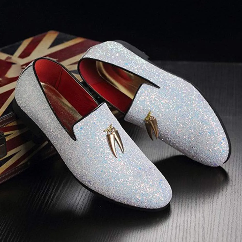 Driving Loafers for Men Gommino Slip on Style PU Leather Upper Luxury Glitter Pointed Toe Metal Tassels Lightweight Anti Slip Casual