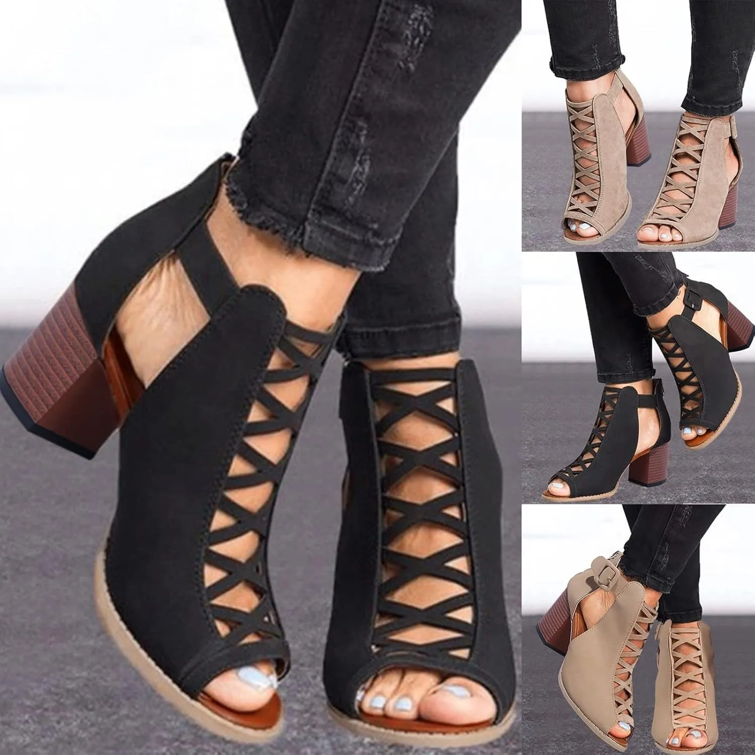 Eduavar Sandals for Women Dressy Summer, Sandals for Women Dressy Summer Heel Sandals Lace Floral Close Toed Zip Up Sandals