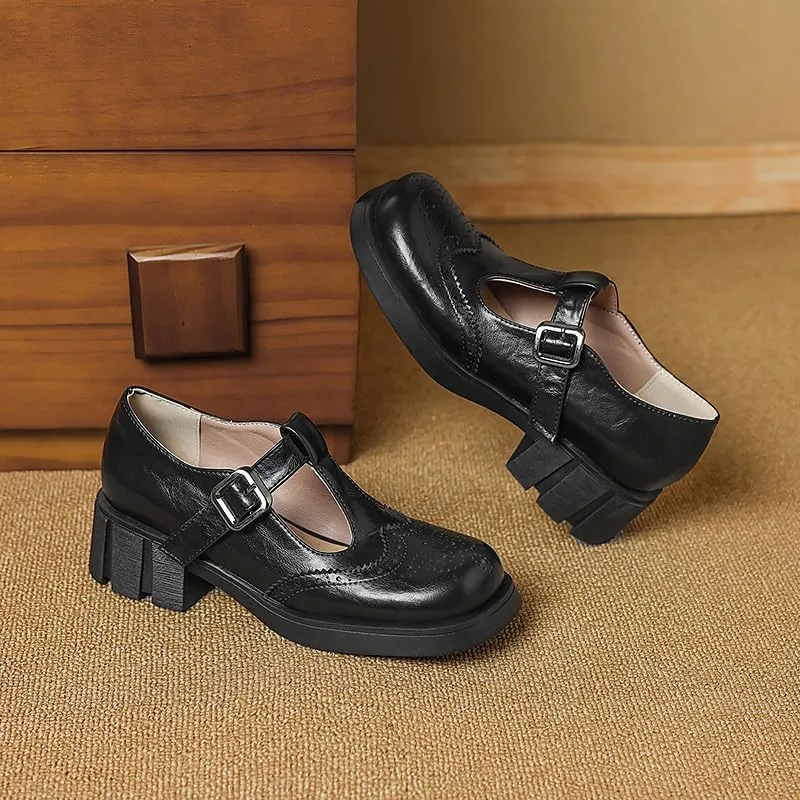 Elbslutt Women's T-Strap Wingtip Oxford Mary Janes Shoes Platform Low Heel Chunky Pumps Round Toe Saddle Loafers Brogue Cute Dressy Casual Flat Work School Shoes