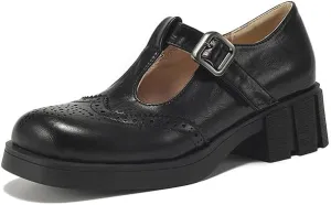 Elbslutt Women's T-Strap Wingtip Oxford Mary Janes Shoes Platform Low Heel Chunky Pumps Round Toe Saddle Loafers Brogue Cute Dressy Casual Flat Work School Shoes