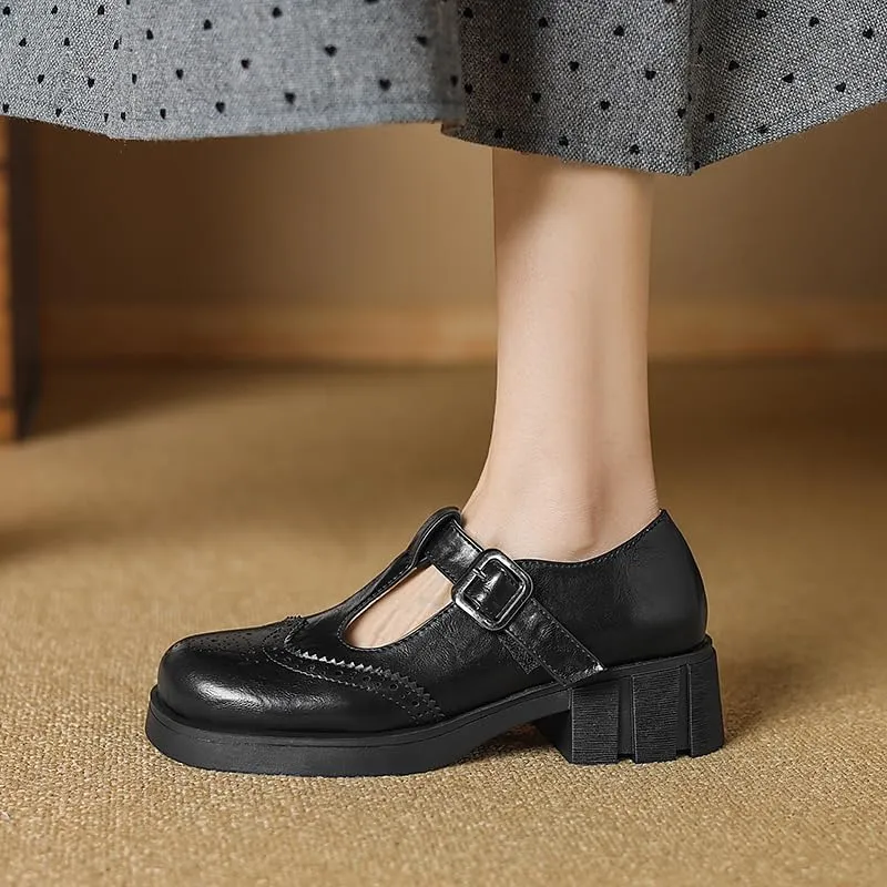 Elbslutt Women's T-Strap Wingtip Oxford Mary Janes Shoes Platform Low Heel Chunky Pumps Round Toe Saddle Loafers Brogue Cute Dressy Casual Flat Work School Shoes