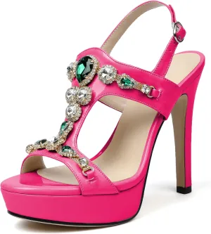 Eldof High Heel Platform Sandals for Women, Open Toe Ankle Strap Heeled Sandals with Rhinestones, T-Strap Pumps Shoes for Dress Party Evening Summer 4.9 Inch