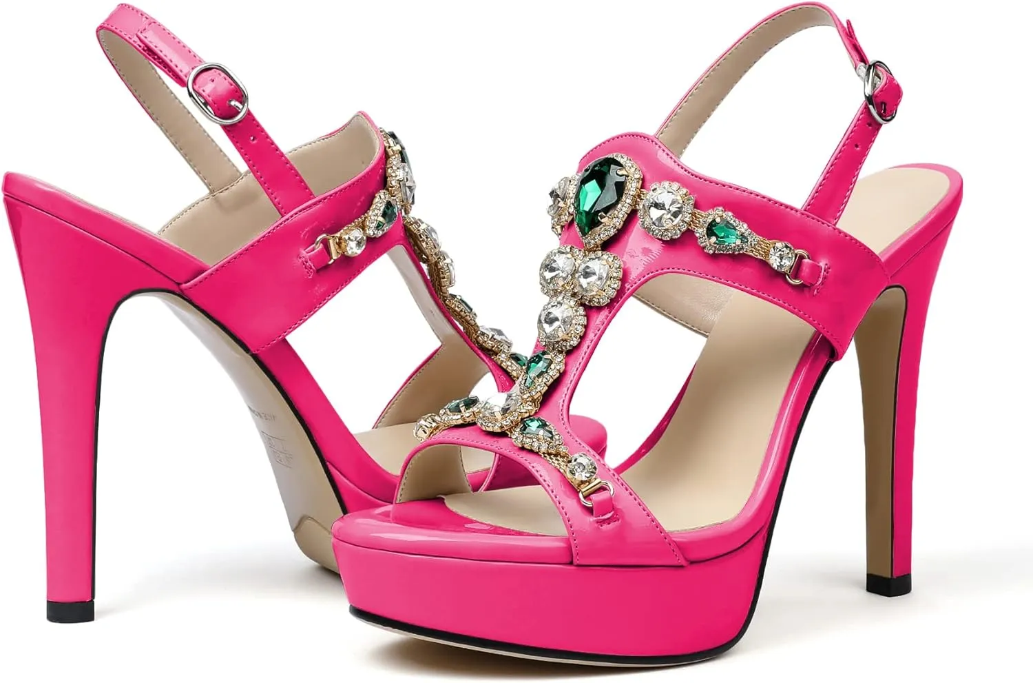 Eldof High Heel Platform Sandals for Women, Open Toe Ankle Strap Heeled Sandals with Rhinestones, T-Strap Pumps Shoes for Dress Party Evening Summer 4.9 Inch