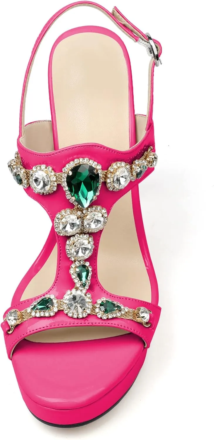 Eldof High Heel Platform Sandals for Women, Open Toe Ankle Strap Heeled Sandals with Rhinestones, T-Strap Pumps Shoes for Dress Party Evening Summer 4.9 Inch