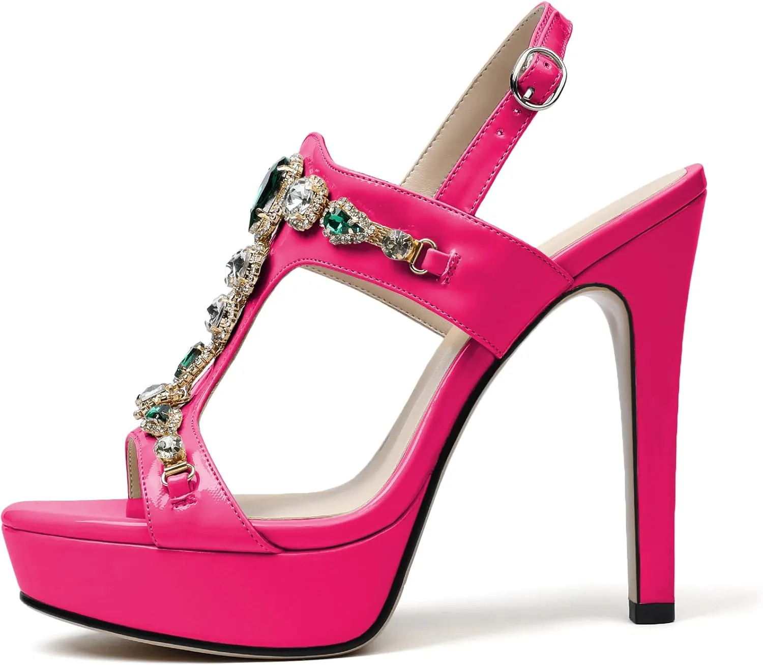 Eldof High Heel Platform Sandals for Women, Open Toe Ankle Strap Heeled Sandals with Rhinestones, T-Strap Pumps Shoes for Dress Party Evening Summer 4.9 Inch