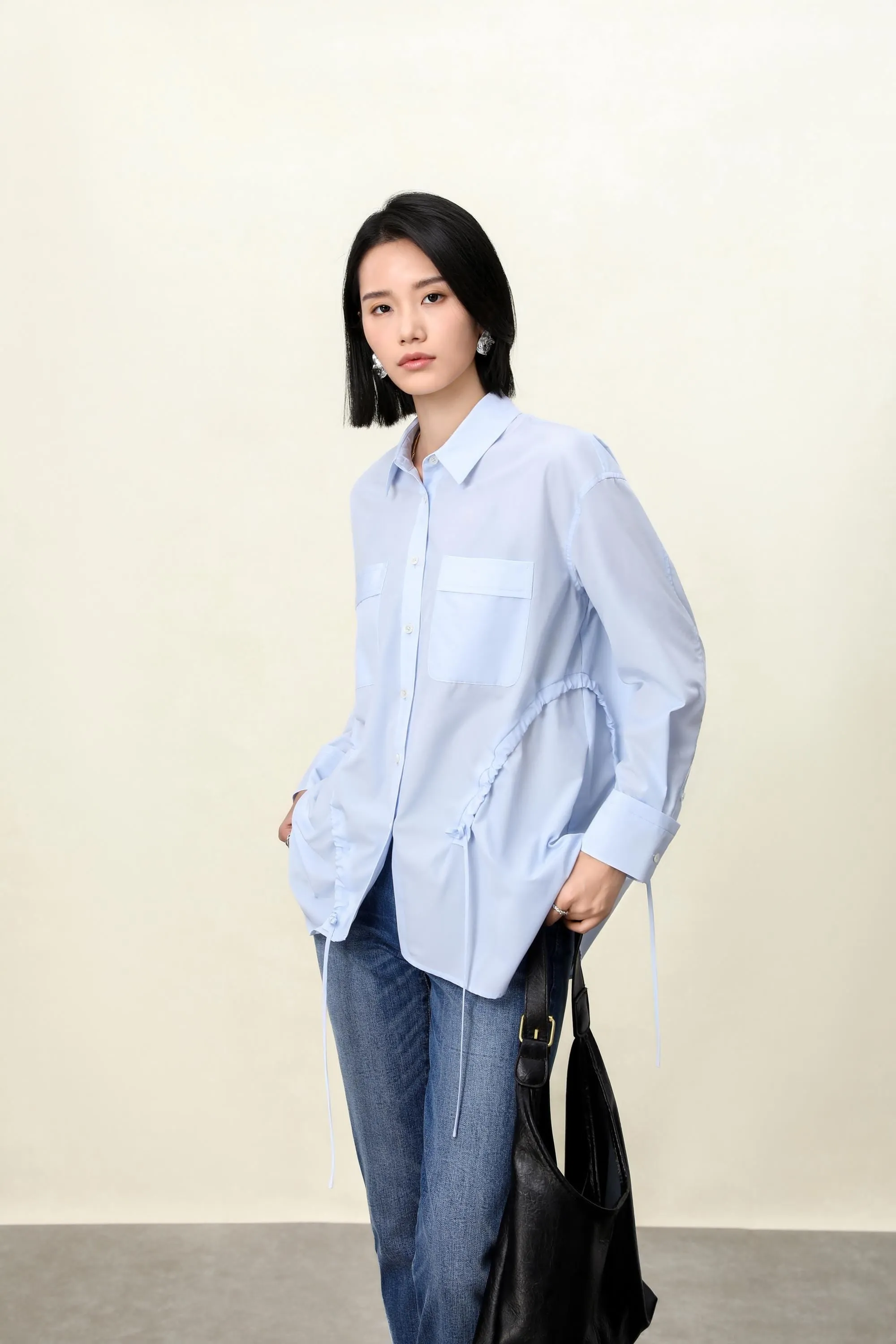 Elegant Blue Tailored Women's Blouse with Cinched Waist | Washed Poly-Cotton Contouring Shirt