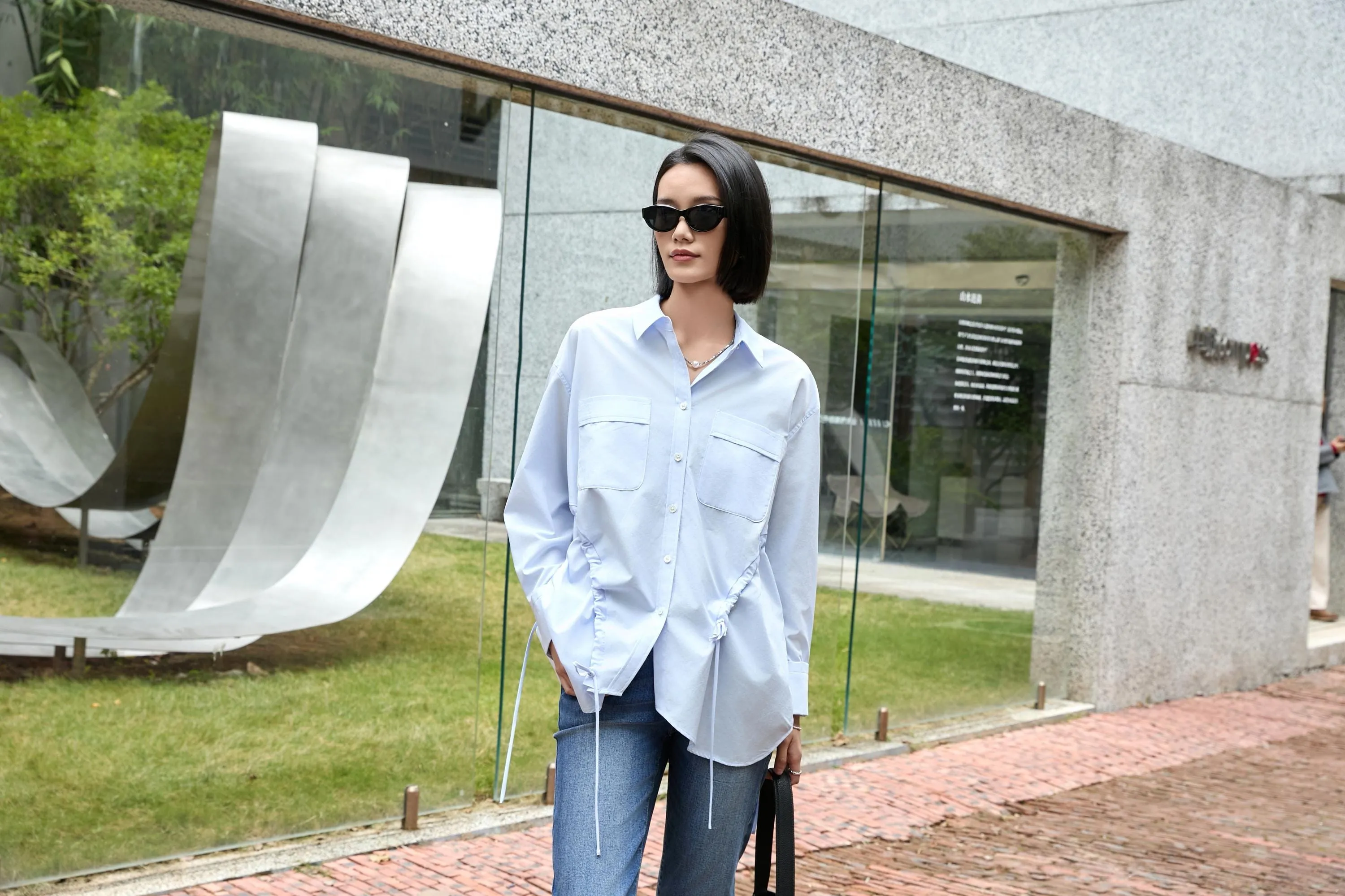 Elegant Blue Tailored Women's Blouse with Cinched Waist | Washed Poly-Cotton Contouring Shirt