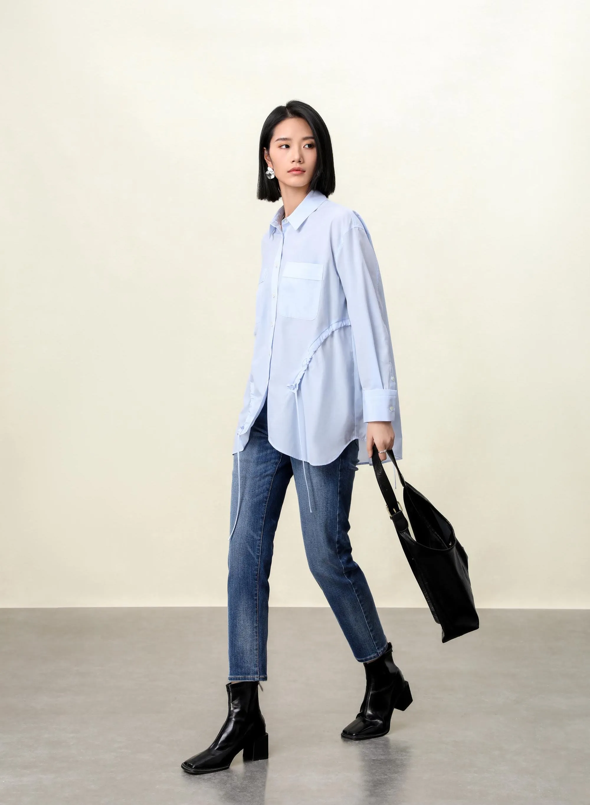 Elegant Blue Tailored Women's Blouse with Cinched Waist | Washed Poly-Cotton Contouring Shirt