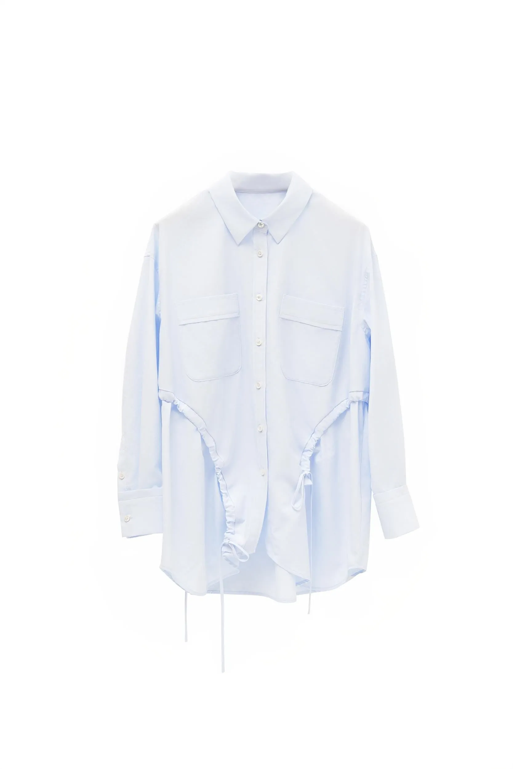 Elegant Blue Tailored Women's Blouse with Cinched Waist | Washed Poly-Cotton Contouring Shirt