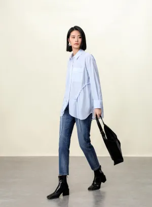 Elegant Blue Tailored Women's Blouse with Cinched Waist | Washed Poly-Cotton Contouring Shirt