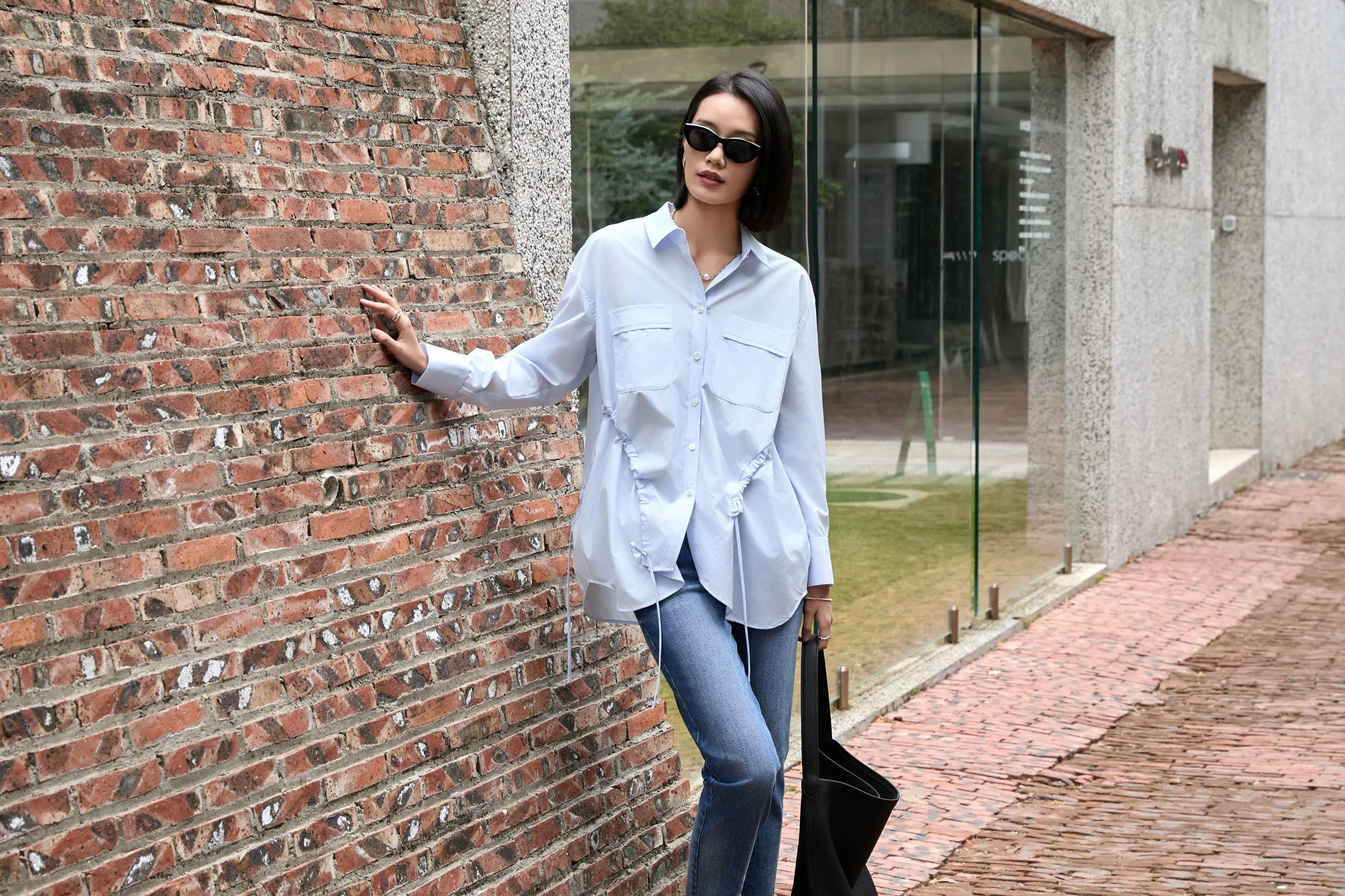 Elegant Blue Tailored Women's Blouse with Cinched Waist | Washed Poly-Cotton Contouring Shirt