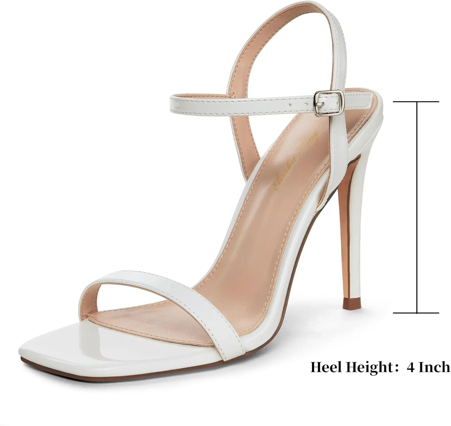 Elisabet Tang Women's High Heeled Sandals 4 Inch Strappy Sling Back Stiletto Open Square Toe Heels with Ankle Straps at Wedding Party Prom Work Dating