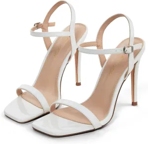 Elisabet Tang Women's High Heeled Sandals 4 Inch Strappy Sling Back Stiletto Open Square Toe Heels with Ankle Straps at Wedding Party Prom Work Dating