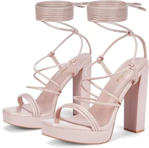 Elisabet Tang Women's Strappy Heeled Sandals, 5 inch Platform Heels Chunky Lace up High Heels Open Toe Party Shoes