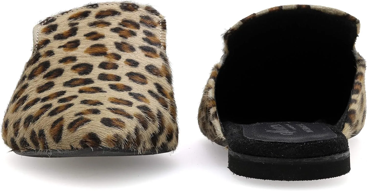 Emmanuela Leather Pointy Mules, Quality Flat Slide on Loafers, Comfortable Slip on Summer Shoes for Women, Leather Slider Moccasins in Leopard, Beige, Black Slip on Moroccan Style