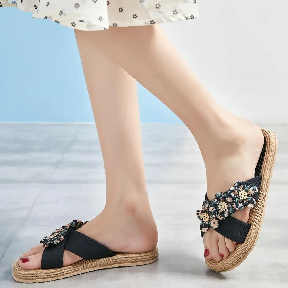 Epsion Women's Straw Slide Sandals Slip on Flat Open Toe Casual Cross Band Summer Beach Boho Shoes Sandals Outdoor