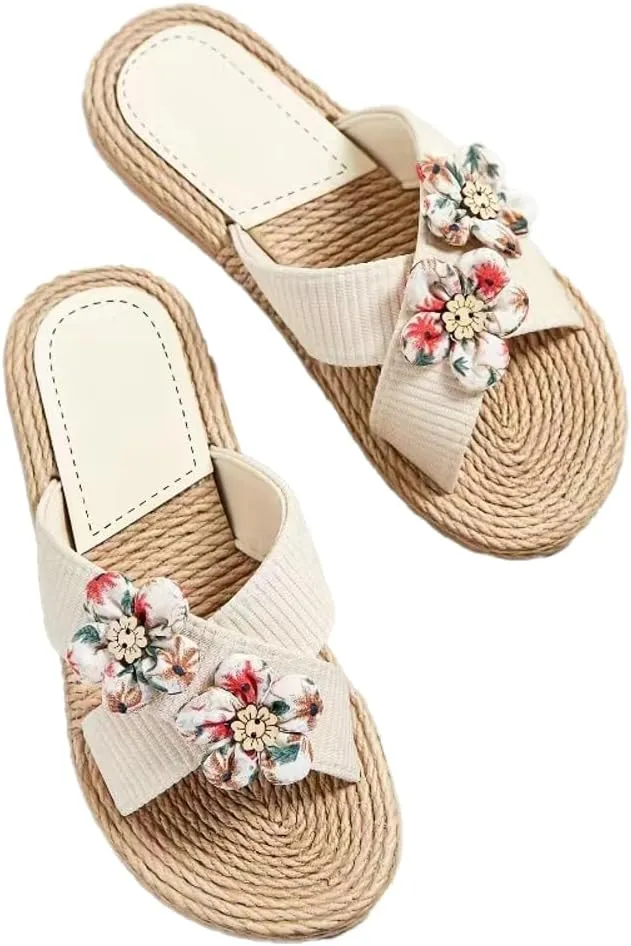 Epsion Women's Straw Slide Sandals Slip on Flat Open Toe Casual Cross Band Summer Beach Boho Shoes Sandals Outdoor