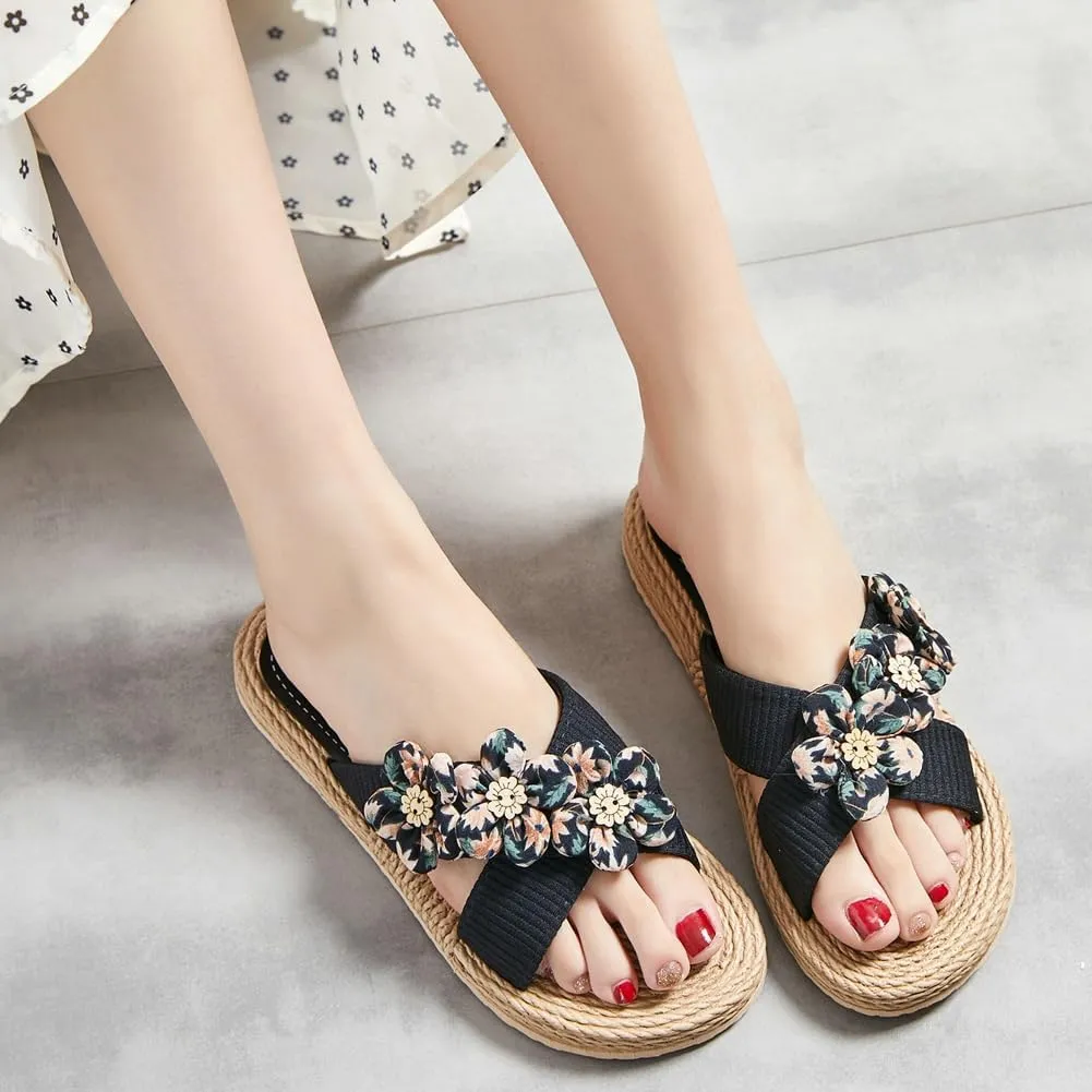 Epsion Women's Straw Slide Sandals Slip on Flat Open Toe Casual Cross Band Summer Beach Boho Shoes Sandals Outdoor